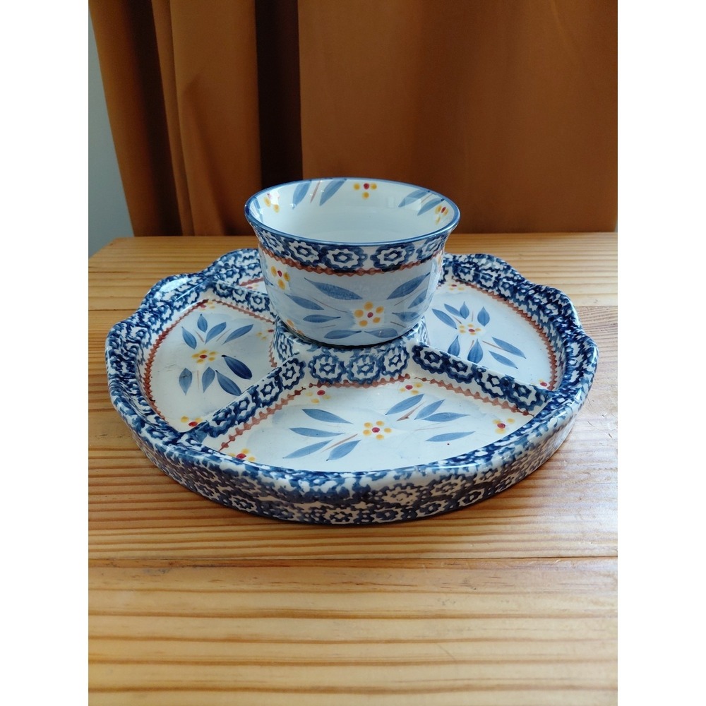 Temp-tations Old World Blue Yellow Flowers serving dish w/center well.‎ EUC